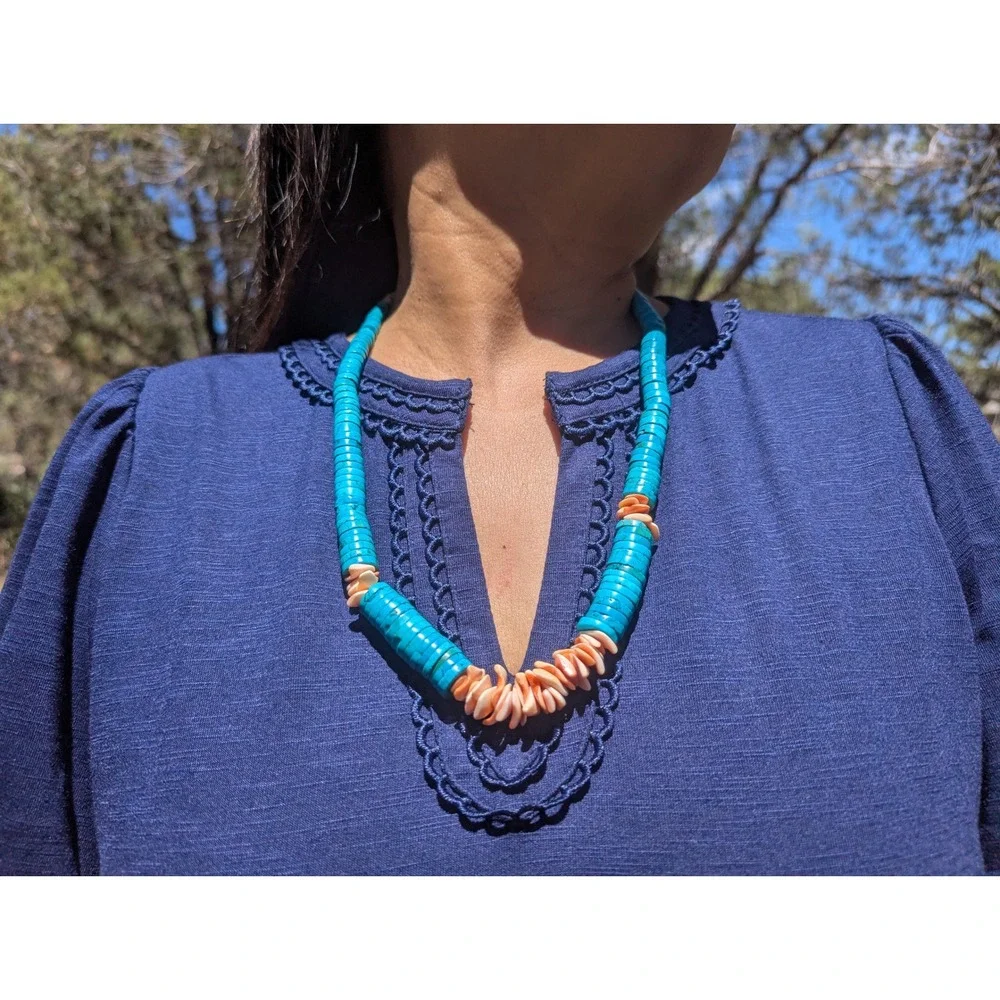 Native American Necklace‎ Flat Disc Graduated Turquoise Heishi Beaded Jewelry **